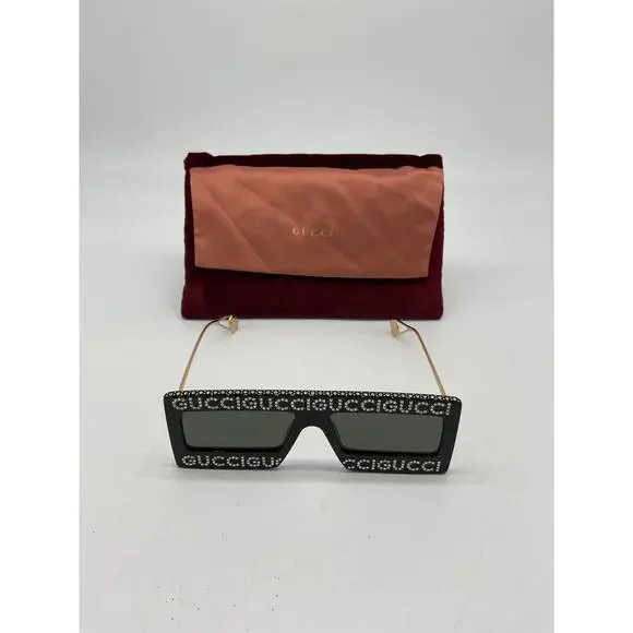 Gucci 60mm Black Acetate & Metal Embellished Rectangular Sunglasses Size OS - Picture 2 of 5